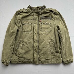 Levi's Military Jacket Green Full Zip Stand Collar Sherpa Lined XL Sleeve